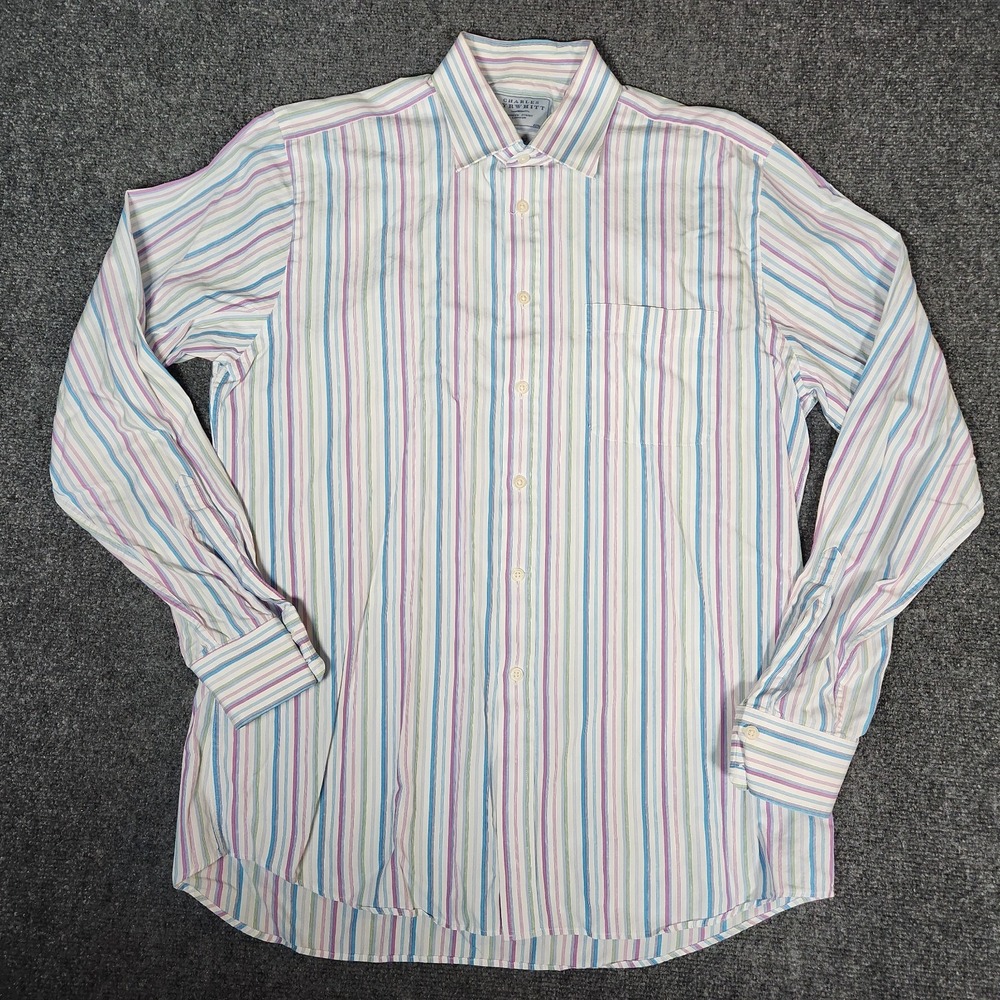 Charles Tyrwhitt Dress Shirt Mens 17/37 Blue Pink Striped Slim Fit Long Sleeve
